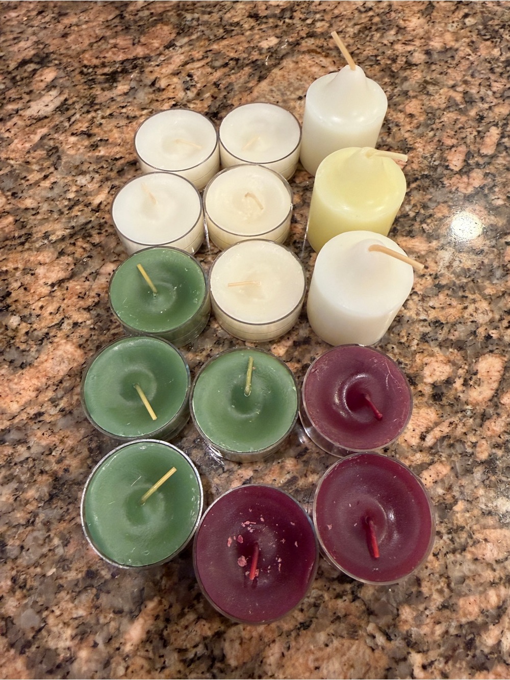 40 Assorted Tea Light and Pillar Candle Set - White, Green, Burgundy.